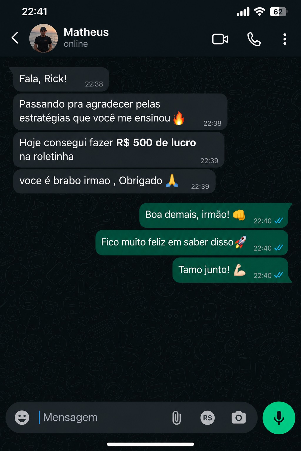 Print da conversa de WhatsApp de Matheus