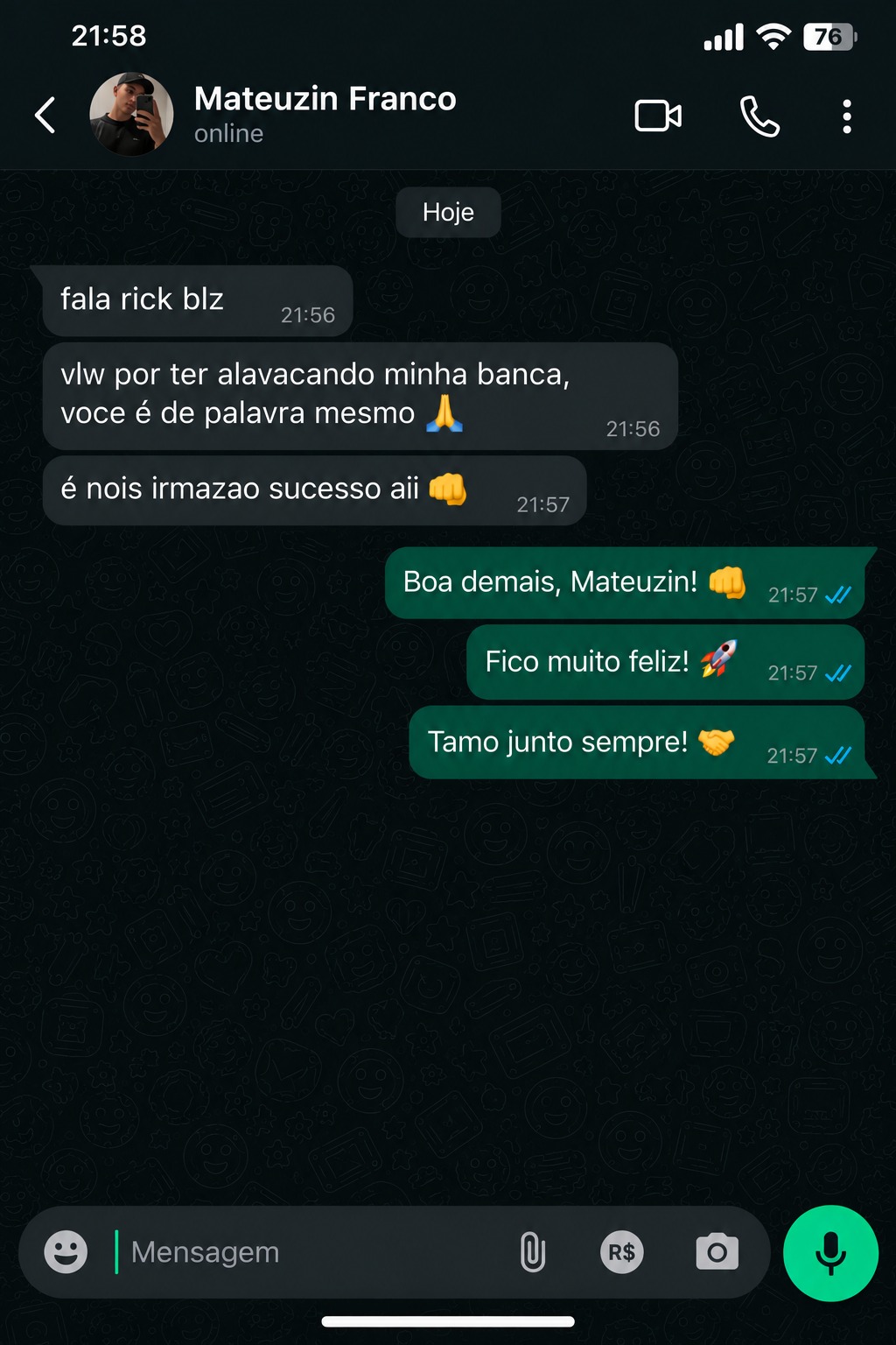 Print da conversa de WhatsApp de Mateuzin Franco