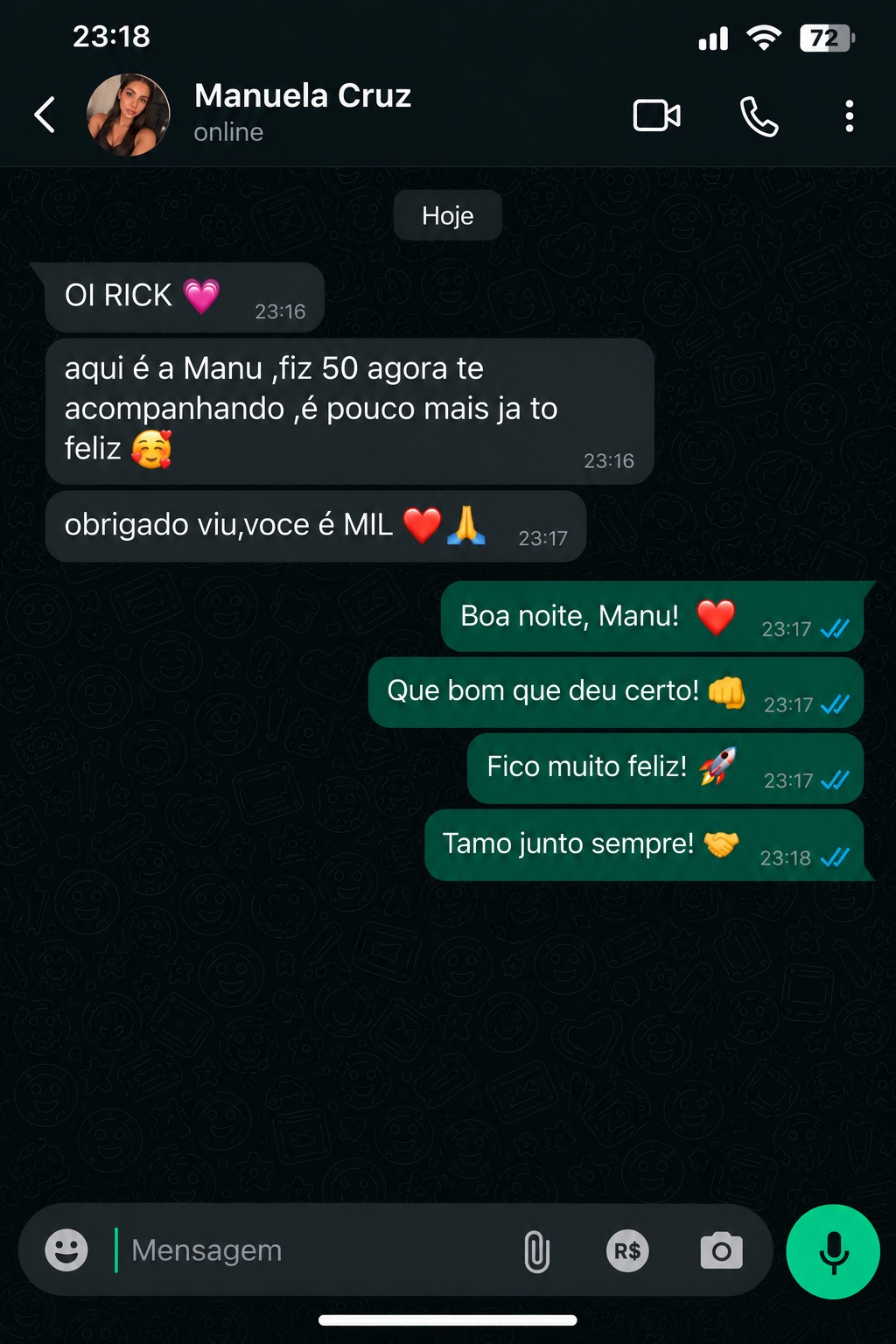 Print da conversa de WhatsApp de Manuela Cruz